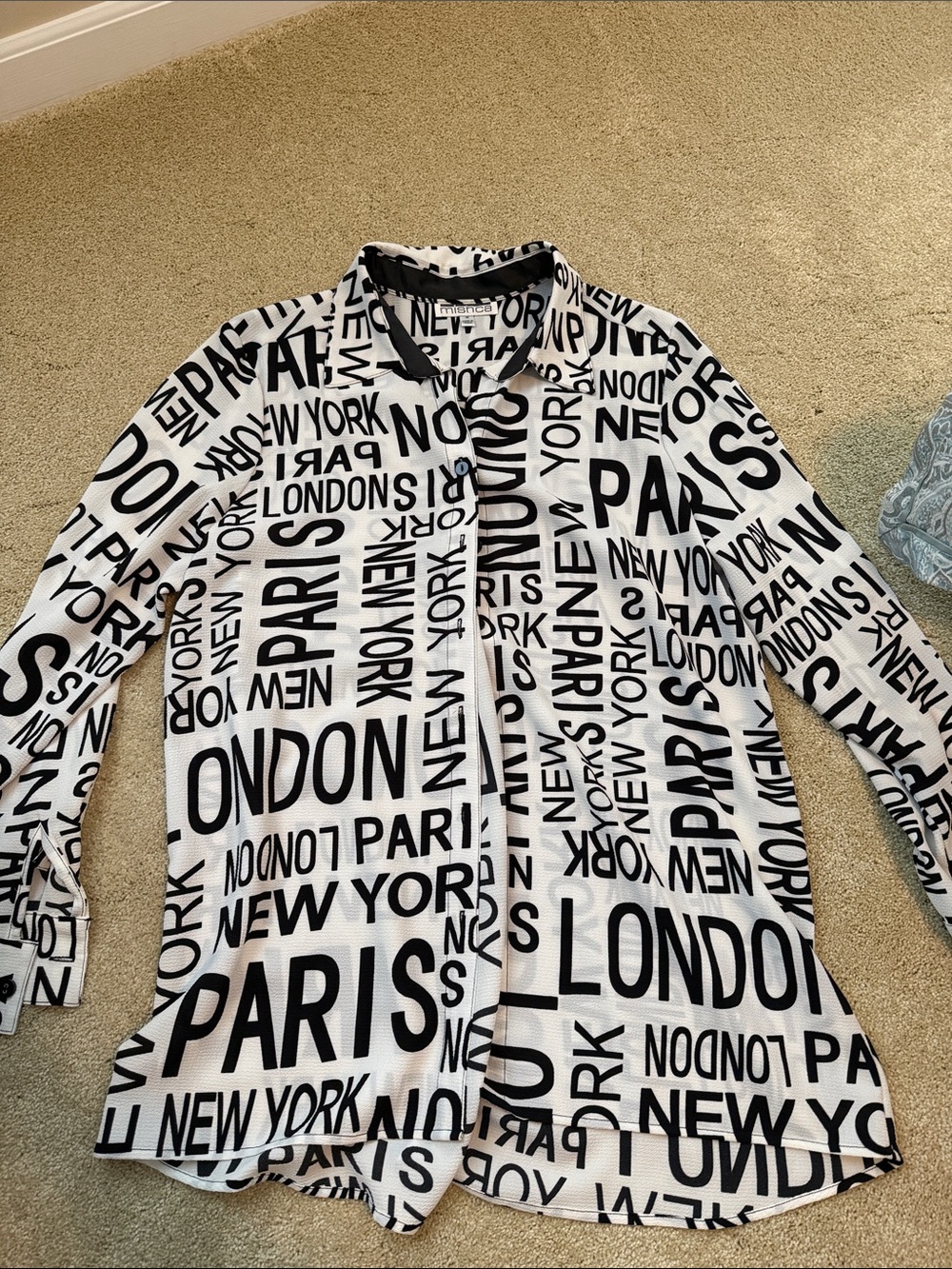 Mishka Black and White City Print Button-Up Blouse